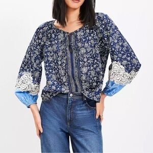 LOFT Women’s Lace Accents Navy Paisley Tie Blouse Size XL